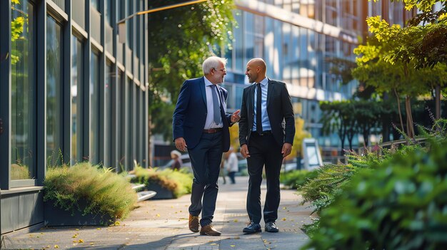 Selbstbewusste Geschäftsleute diskutieren über Arbeit, während sie in der Stadt im Freien spazieren gehen