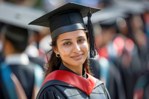Selbstbewusste junge Absolventin lächelt in Mütze und Kleid bei der Abschlussfeier