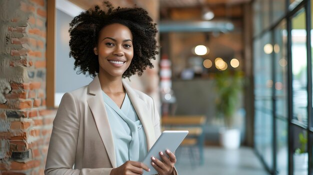 Selbstbewusste junge Geschäftsfrau mit Tablet in einem modernen Büro, professionelle Kleidung, lächelnde Unternehmerin, Casual-Corporate-Stil, KI.