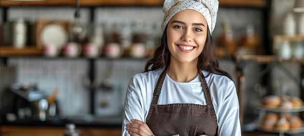 Selbstbewusste Konditorin steht stolz in ihrer Handwerksbäckerei und zeigt ihr Handwerk