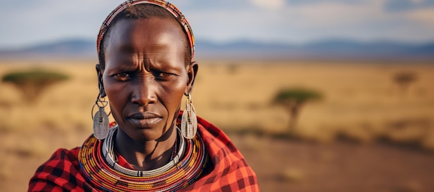 Foto selbstbewusste masai-frau mit auffallenden augen in der savanne