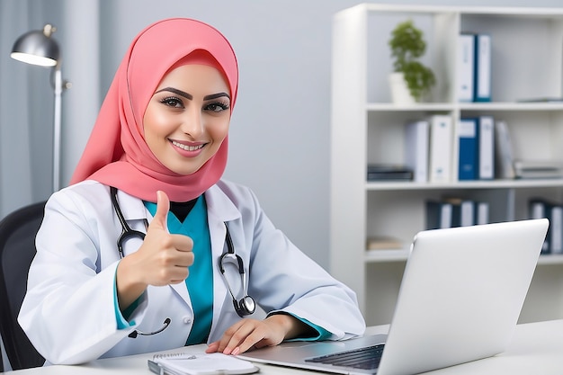 Selbstbewusste muslimische weibliche Ärztin sitzt am Schreibtisch und schreibt mit einem Laptop in der Klinik, im Krankenhausbüro, mit dem Daumen nach oben und schaut in die Kamera
