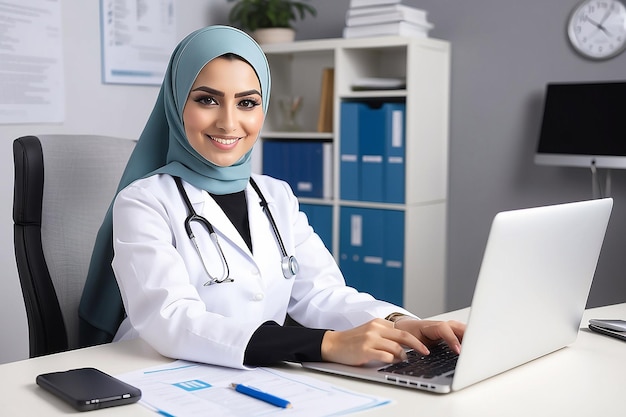 Selbstbewusste muslimische weibliche Ärztin sitzt am Schreibtisch und schreibt mit einem Laptop in der Klinik, im Krankenhausbüro, mit dem Daumen nach oben und schaut in die Kamera