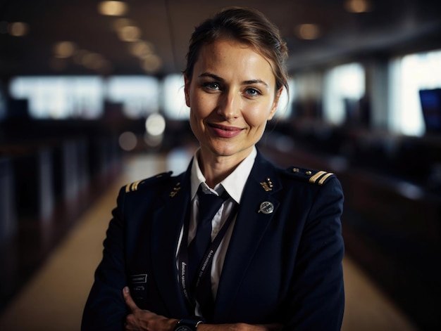 Selbstbewusste Pilotin lächelt in der Flughafenhalle