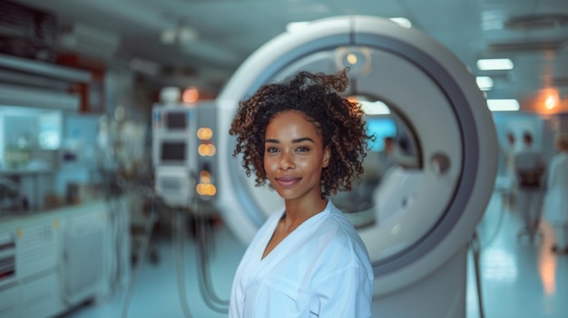 Selbstbewusste Radiologin im modernen Krankenhausradiologiezimmer