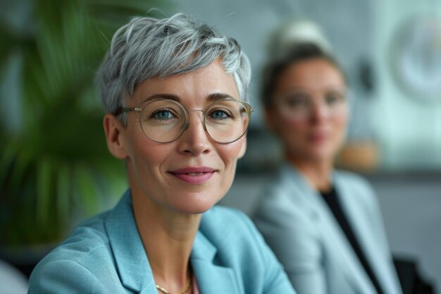Selbstbewusste reife Frau mit Brillenkollegin im Hintergrund
