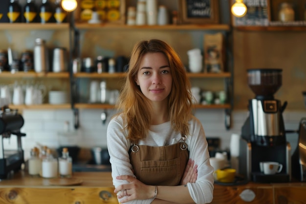 Selbstbewusste weibliche Barista, die hinter der Theke steht und auf die Kamera schaut