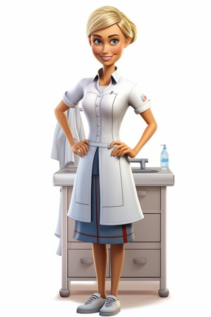 Selbstbewusste weibliche Ärztin oder Krankenschwester in einem Labormantel, die mit den Händen auf den Hüften steht