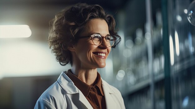 Foto selbstbewusste wissenschaftlerin mittleren alters lächelt im labormantel im tageslicht