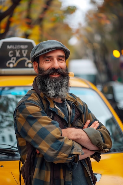 Selbstbewusster, bärtiger Taxifahrer, der mit einem Hut und einem Lächeln in die Kamera steht
