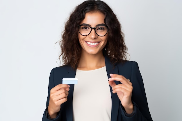 Selbstbewusster Bankkunde in Brille mit Kreditkarte für Einkaufsfreude gegen einen sauberen Weißen