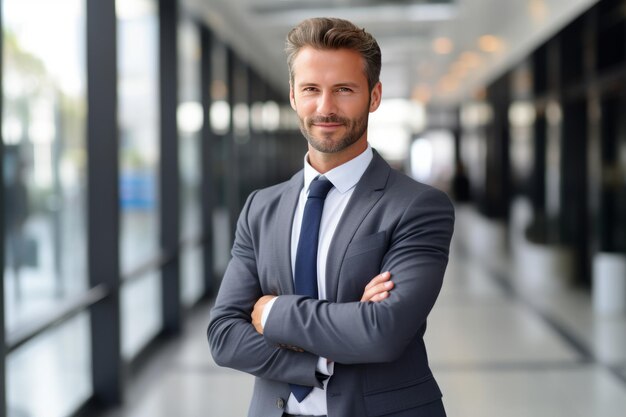 Selbstbewusster Bankmanager hinter den Kulissen eines professionellen Geschäftsmannes