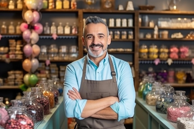 Selbstbewusster Chocolatier-Geschäftsmann, der mit verschränkten Armen in ihrem Laden steht und in die Kamera AI blickt