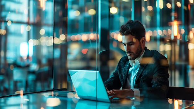 Selbstbewusster Geschäftsmann arbeitet spät im Büro an seinem Laptop