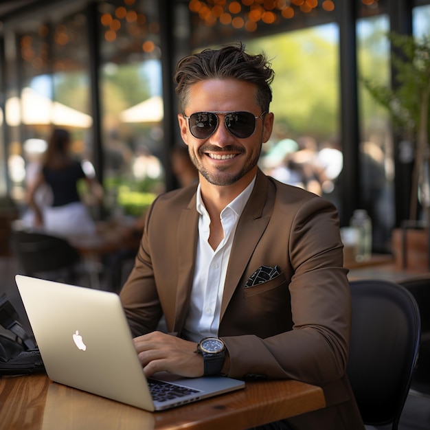 Selbstbewusster Geschäftsmann, der im Café im Freien am Laptop arbeitet