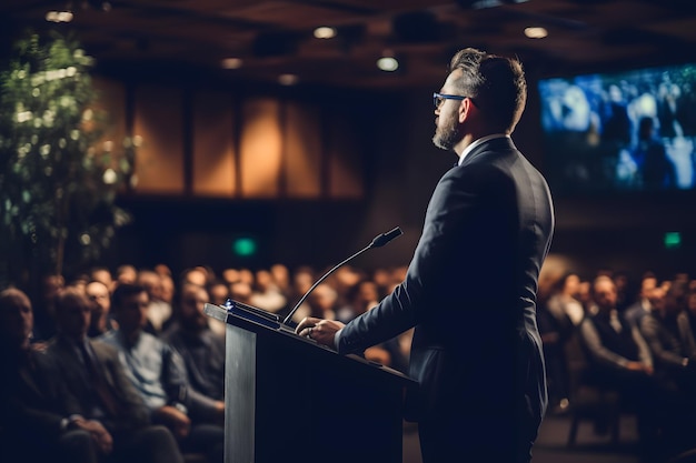 Foto selbstbewusster geschäftsmann hält inspirierende rede auf dem podium vor engagiertem publikum