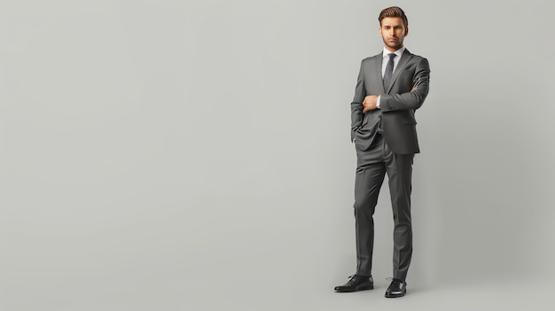 Selbstbewusster Geschäftsmann in Anzug und Krawatte steht mit gekreuzten Armen, isoliert auf einem grauen Hintergrund