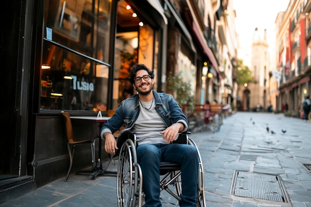 Selbstbewusster Hispanic im Rollstuhl in der City Street