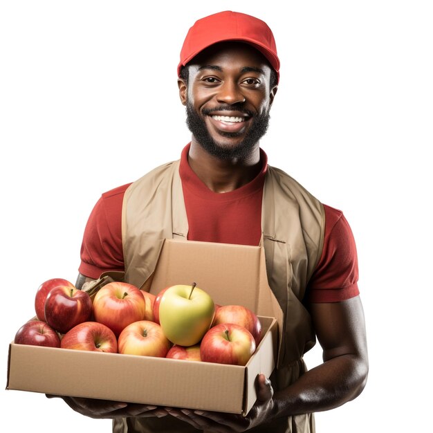 Selbstbewusster junger afroamerikanischer Lieferant hält eine Kartonkiste mit einem von KI generierten Apfel