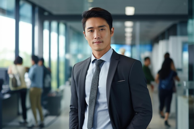 Selbstbewusster junger asiatischer Geschäftsmann steht allein in zeitgenössischer Büroumgebung mit CEO