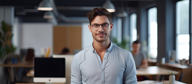 Selbstbewusster junger Geschäftsmann posiert im Büro, blickt in die Kamera und lächelt