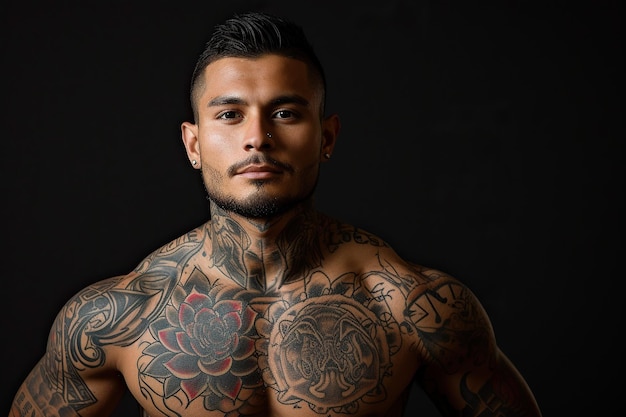 Selbstbewusster lateinamerikanischer Mann mit muskulösem Körper, tätowiert auf schwarzem Hintergrund
