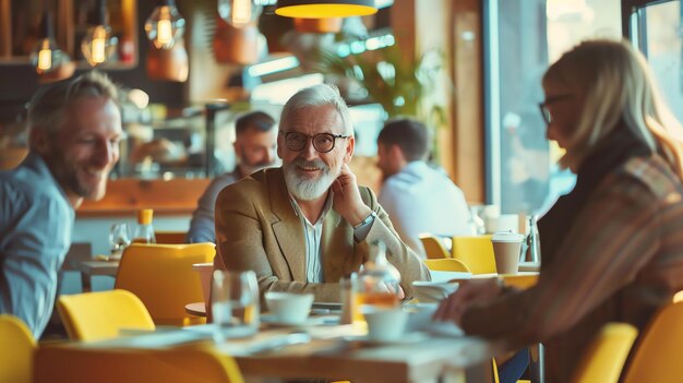 Foto selbstbewusster leitender geschäftsmann mit brille, der sich mit einem jungen paar in einem modernen café trifft