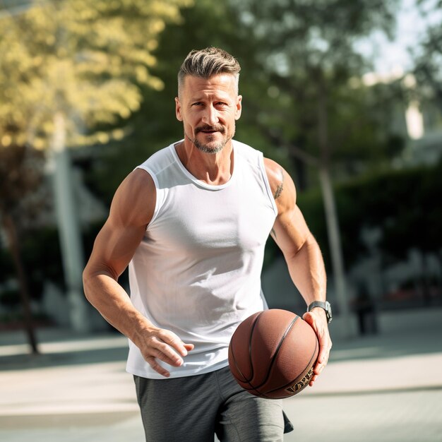 Selbstbewusster männlicher Basketballspieler dribbelt Ball auf einem sonnigen städtischen Platz