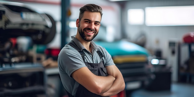 Selbstbewusster männlicher Mechaniker in einer Autoreparaturwerkstatt, professioneller in einer Uniform der Automobilindustrie, lächelnder Arbeiter, der als KI posiert