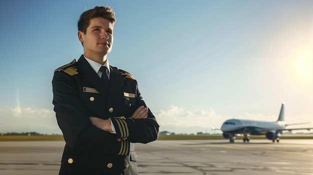 Selbstbewusster männlicher Pilot in Uniform mit gekreuzten Armen und lächelndem Flugzeug im Hintergrund