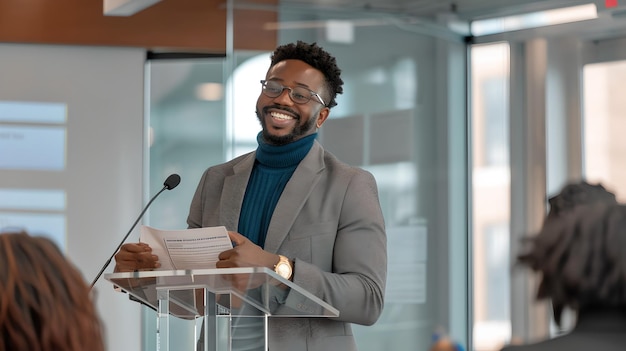 Selbstbewusster männlicher Redner auf dem Podium Professionelle Präsentation in moderner Büroumgebung Engagierendes öffentliches Sprechen Veranstaltung Casual Corporate Style KI