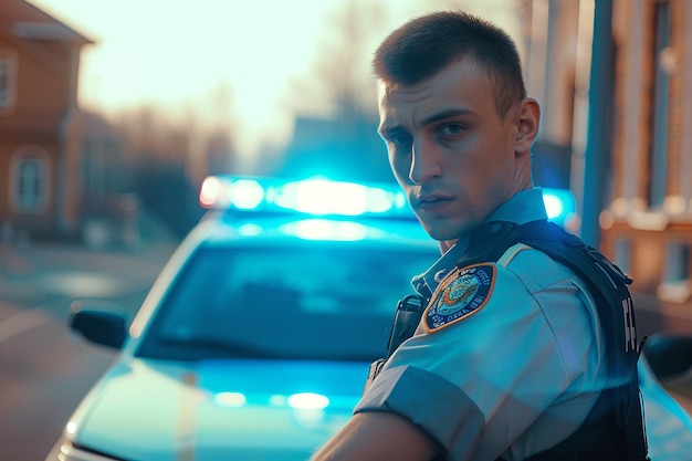 Foto selbstbewusster polizist, der bei sonnenuntergang mit ki patrouilliert