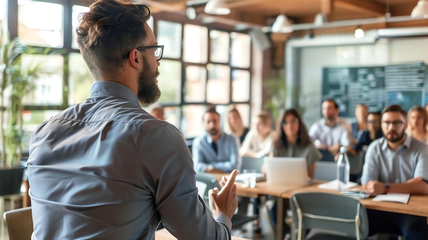 Foto selbstbewusster professioneller mann mit brille, der kollegen in einem modernen büro präsentiert