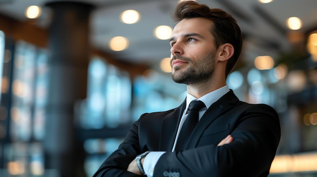 Selbstbewusster und erfolgreicher Geschäftsmann, der in einem modernen Büro mit verschwommenem Hintergrund wegblickt und über seine Zukunftspläne nachdenkt