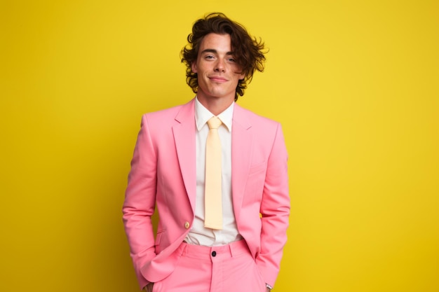 Selbstbewusstes, hübsches, kaukasisches, stilvolles, reiches Mann, professionelles Mann, männliches Model in trendigem rosa Anzug