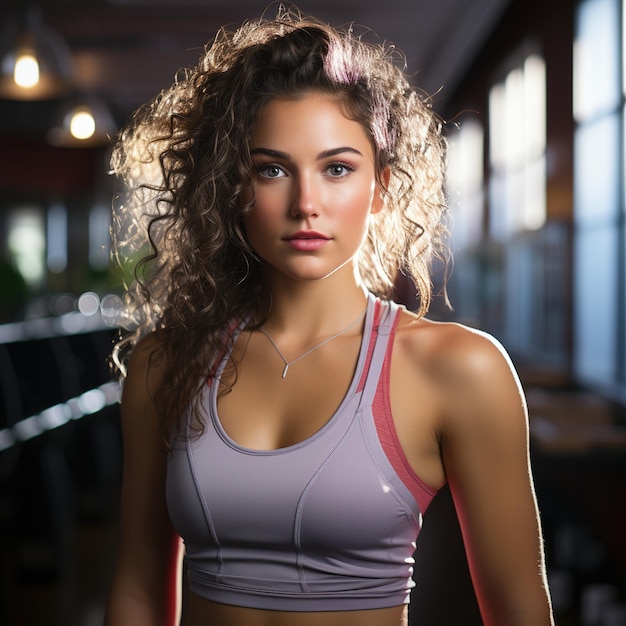 Selbstbewusstes, junges, schlaues, schönes Mädchen in Fitness-Outfit posiert im Fitnessstudio