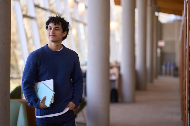 Selbstbewusstes Porträt eines nachdenklich lächelnden jungen hispanischen männlichen Studenten, der eine moderne Bibliothek besucht