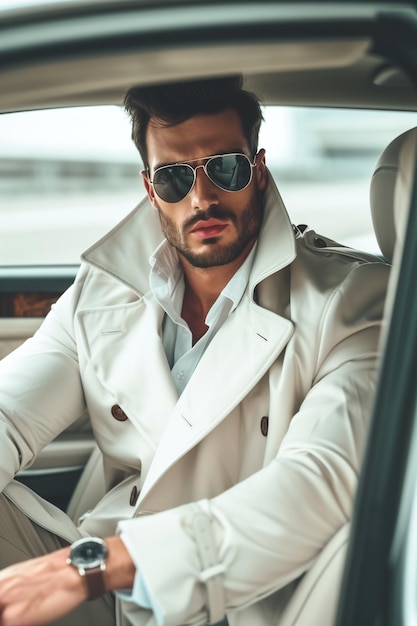 Selbstbewusstes, stilvolles männliches Model in weißem Trenchcoat und Sonnenbrille sitzt in einem Luxusauto