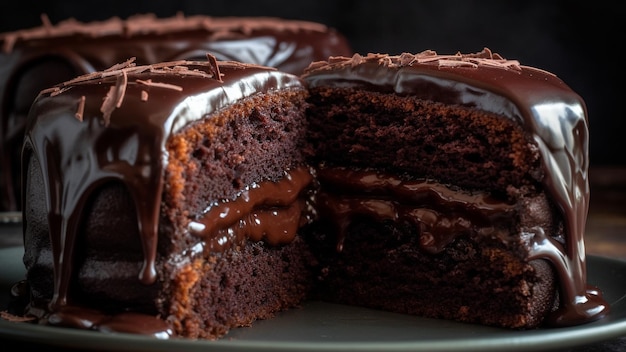 Selbstgebackener Schokoladenkuchen schneidet einen süßen Genuss auf den Tisch, der durch künstliche Intelligenz erzeugt wird