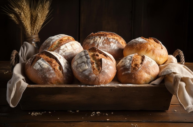 Selbstgebackenes Brot in einer Holzkiste, dunkle Tischdekoration