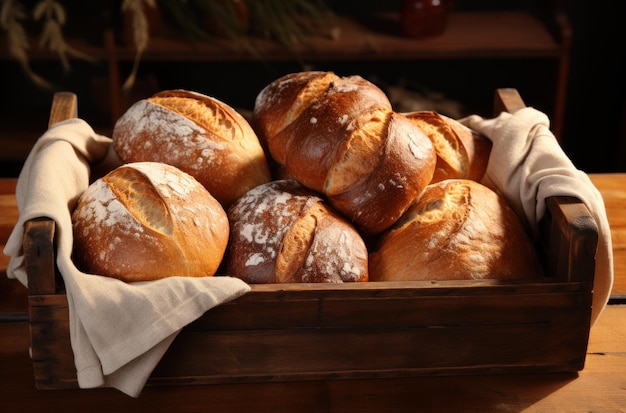 Selbstgebackenes Brot in einer Holzkiste, dunkle Tischdekoration