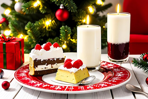 Selbstgemachtes Weihnachtsdessert und Weihnachtsdekoration auf weißem Holztisch