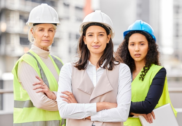 Selbstvertrauen im Bau Zugeschnittenes Porträt von drei attraktiven Ingenieurinnen, die mit verschränkten Armen auf einer Baustelle stehen