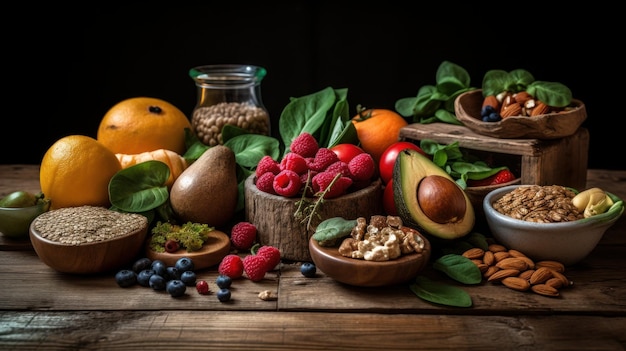 Foto seleção de alimentos saudáveis em fundo de madeira rústica