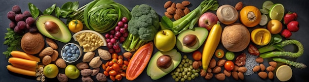 Seleção de alimentos saudáveis Superalimentos várias frutas e bagas variadas nozes e sementes Generative AI