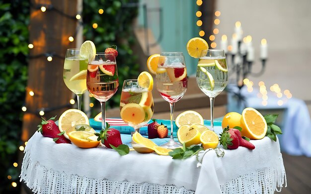 Seleção de coquetéis de vinho spritzer misturado com frutas na mesa de bar ao ar livre