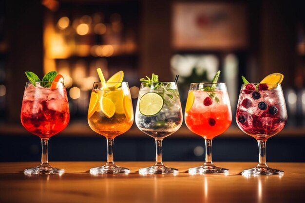 Foto seleção de coquetéis martini spritz bramble gin tonic bar fundo desfocado