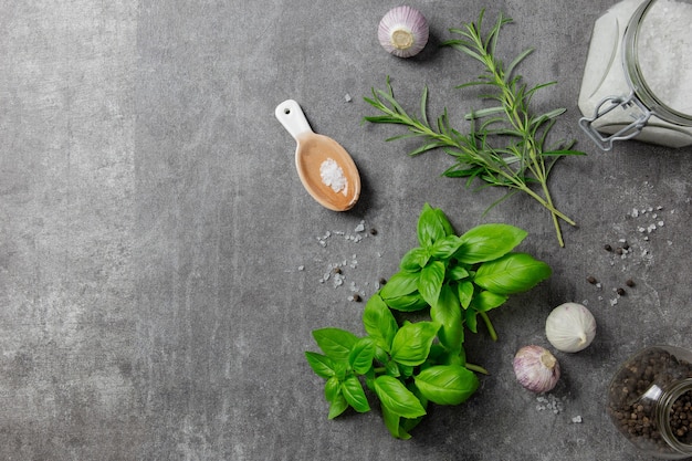 Seleção de especiarias, ervas e verduras, ingredientes para cozinhar em fundo escuro.