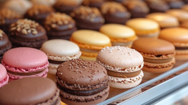 Foto seleção de macarrões franceses descanse macarrões coloridos patisserie parisiense interiores elegantes exibição artística de macarões