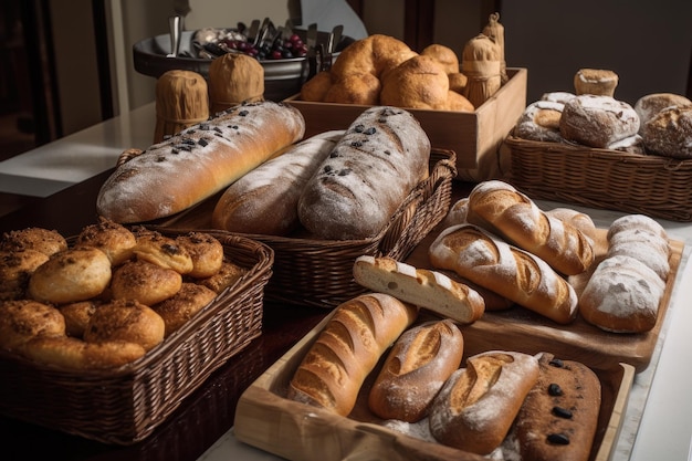 Seleção de pães artesanais, incluindo ciabatta rolls e baguetes criados com IA generativa